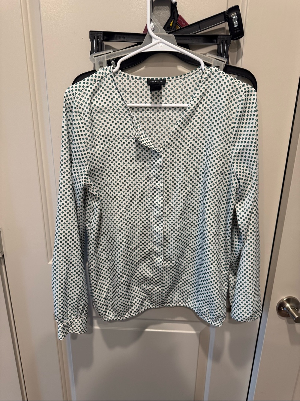 Ann Taylor White Blouse with Green Dot Print